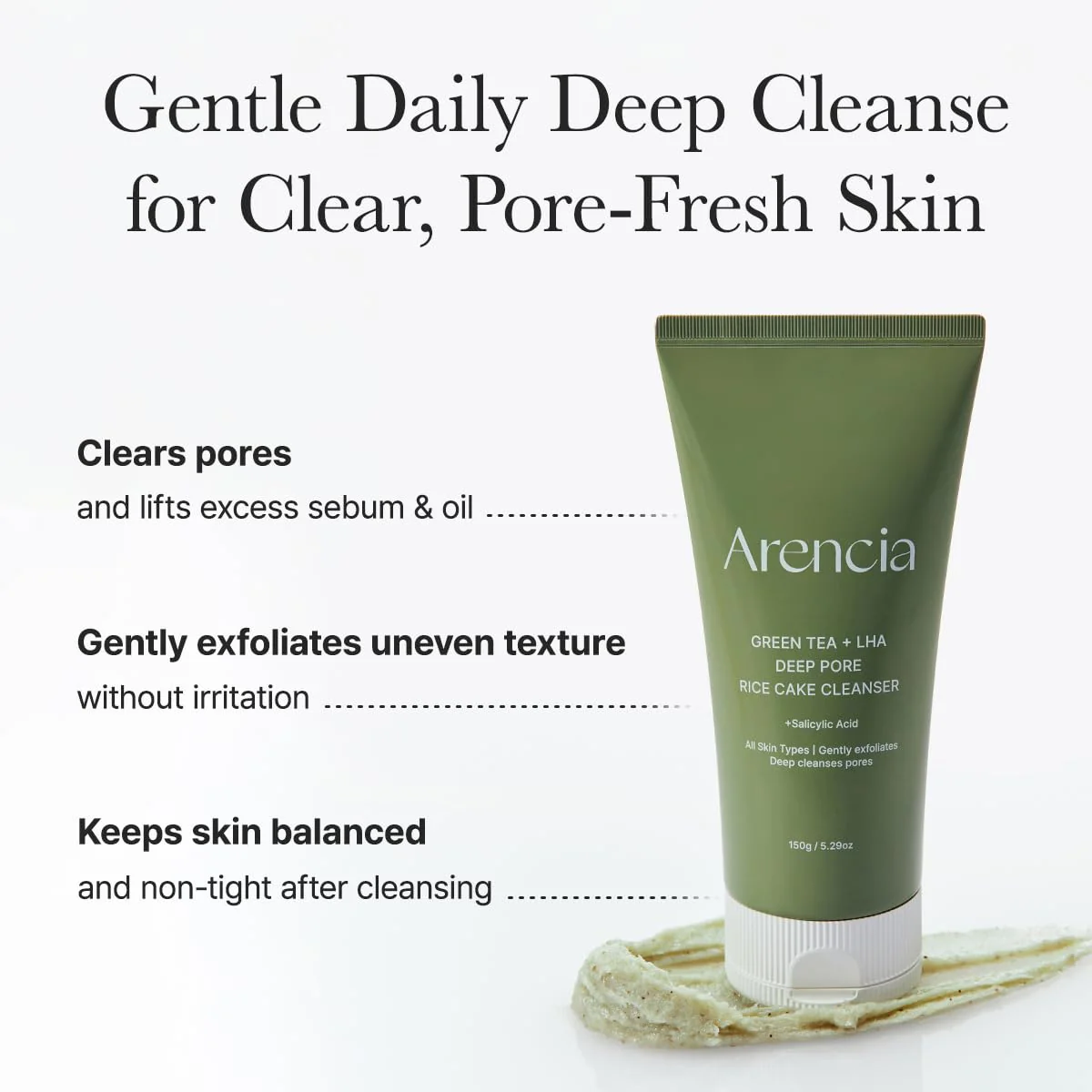 ARENCIA Green Tea + LHA Deep Pore Rice Cake Cleanser 150g - Image 4