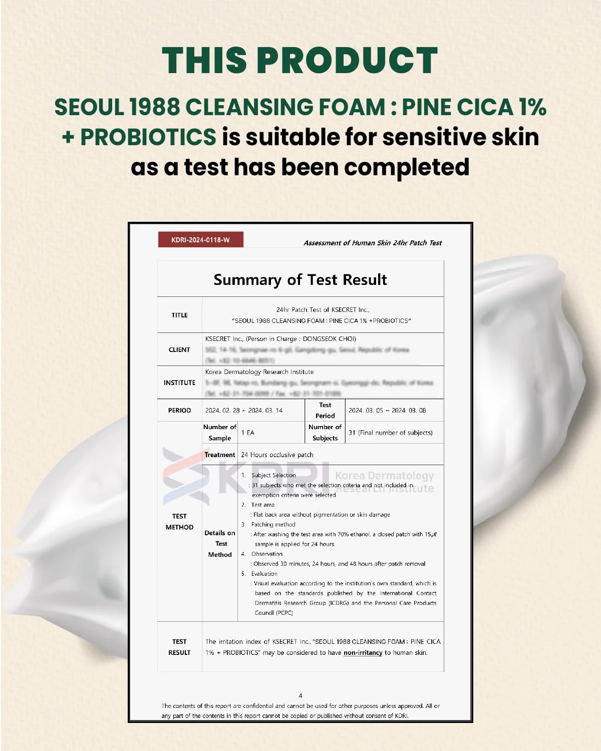 KSECRET Seoul 1988 Cleansing Foam: Pine Cica 1% + Probiotics 150ml - Image 7